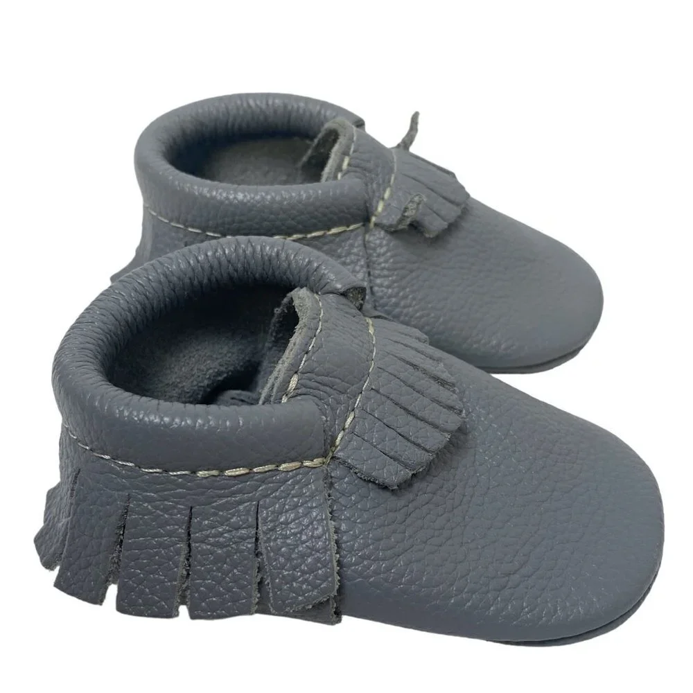 FRESHLY PICKED Baby Shoes Gray Leather Moccasins Up to 12 months Western Fringe